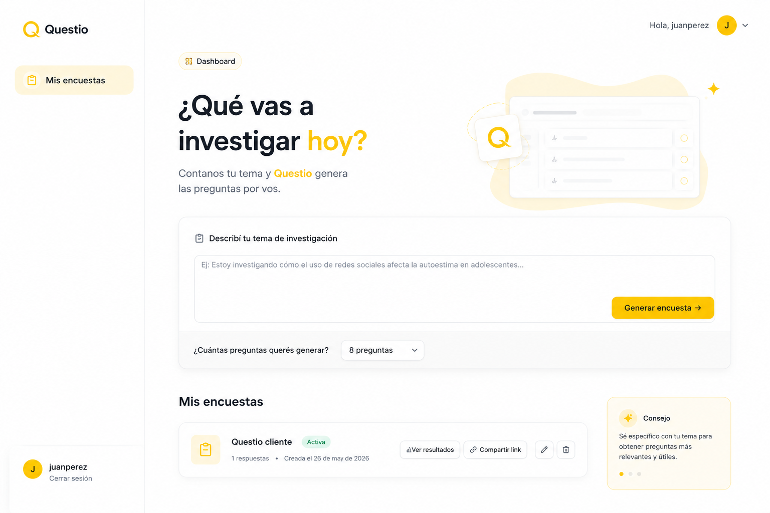 Mockup del dashboard de Questio